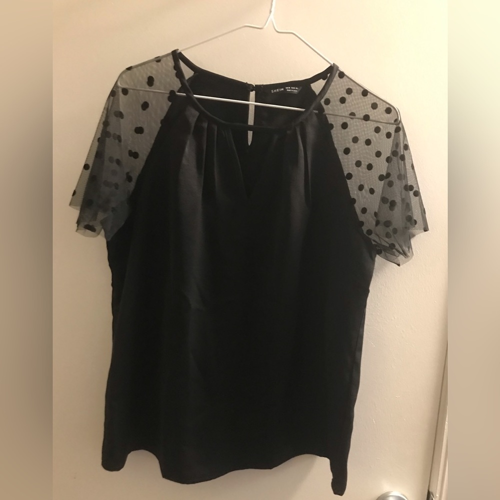 SHEIN black sleek blouse with elegant lace polka dot sleeves